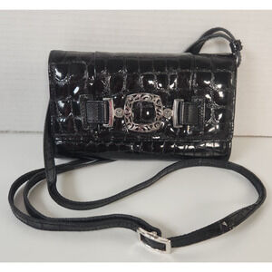 BRIGHTON Black CrocEmbossed Leather Flap Crossbody Clutch Organizer Wallet Purse